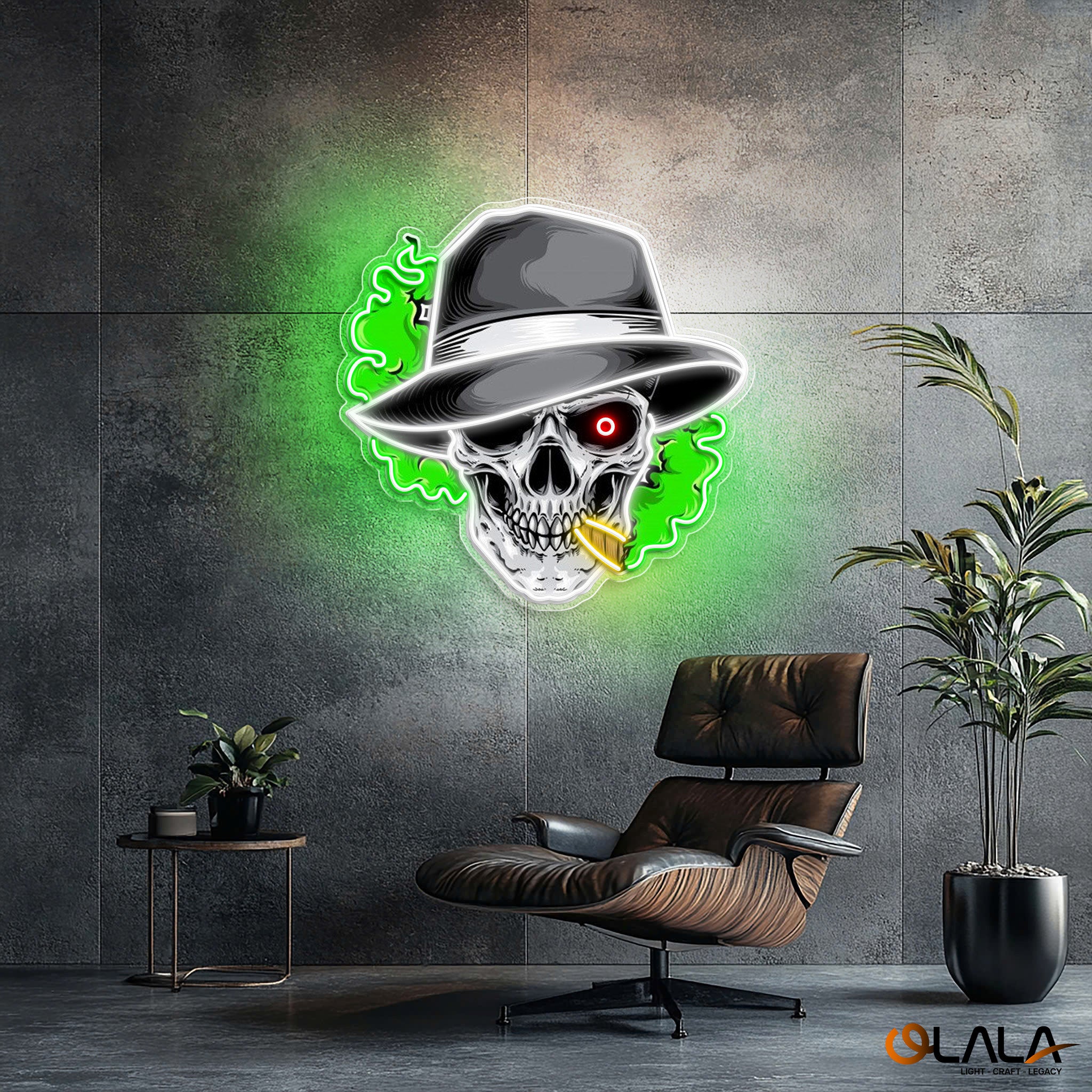 Skull, Hat & Smoke in the Neon Glow Neon Sign Light Artwork