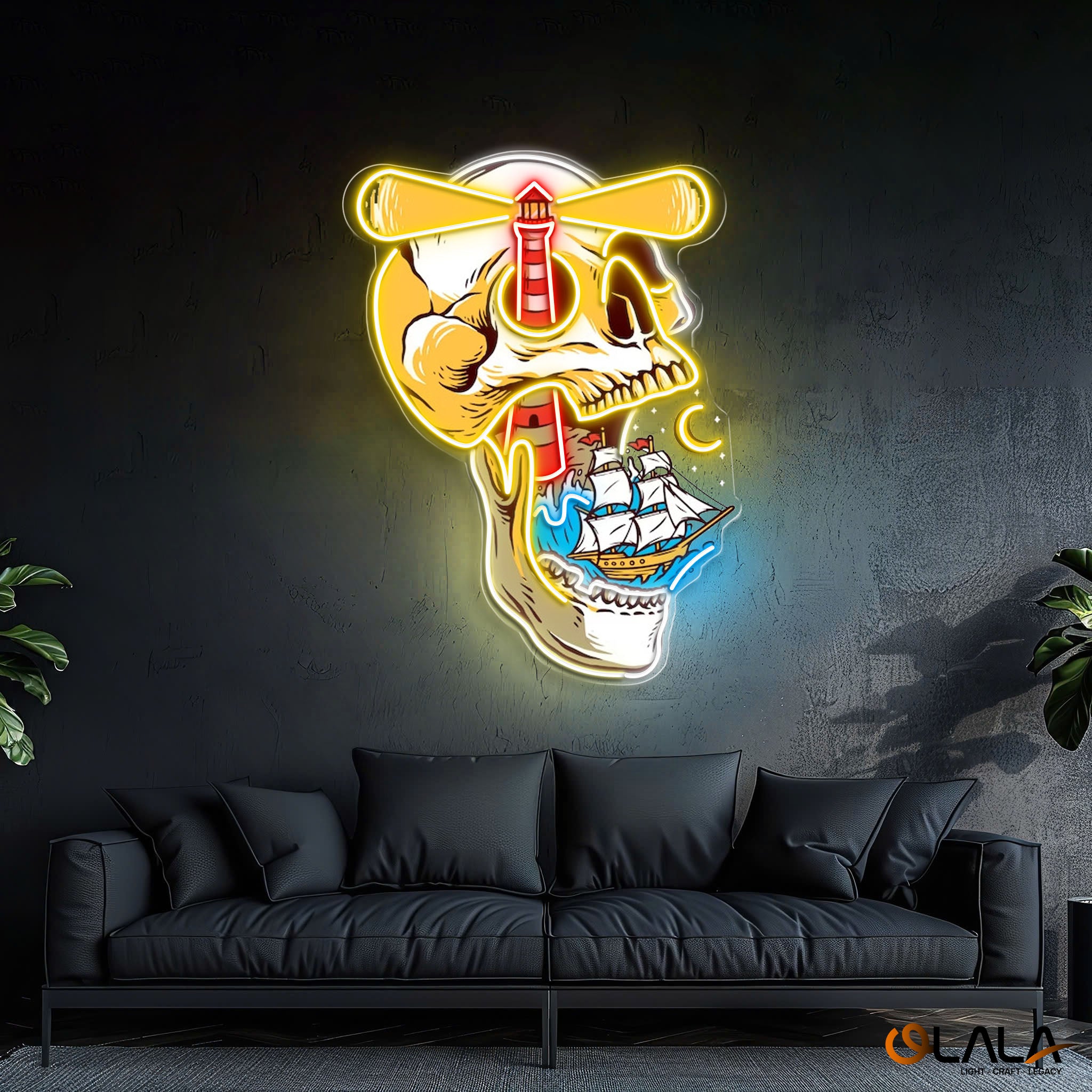 Ghost Ship's Beacon Skull, Lighthouse & Ship Neon Light Artwork