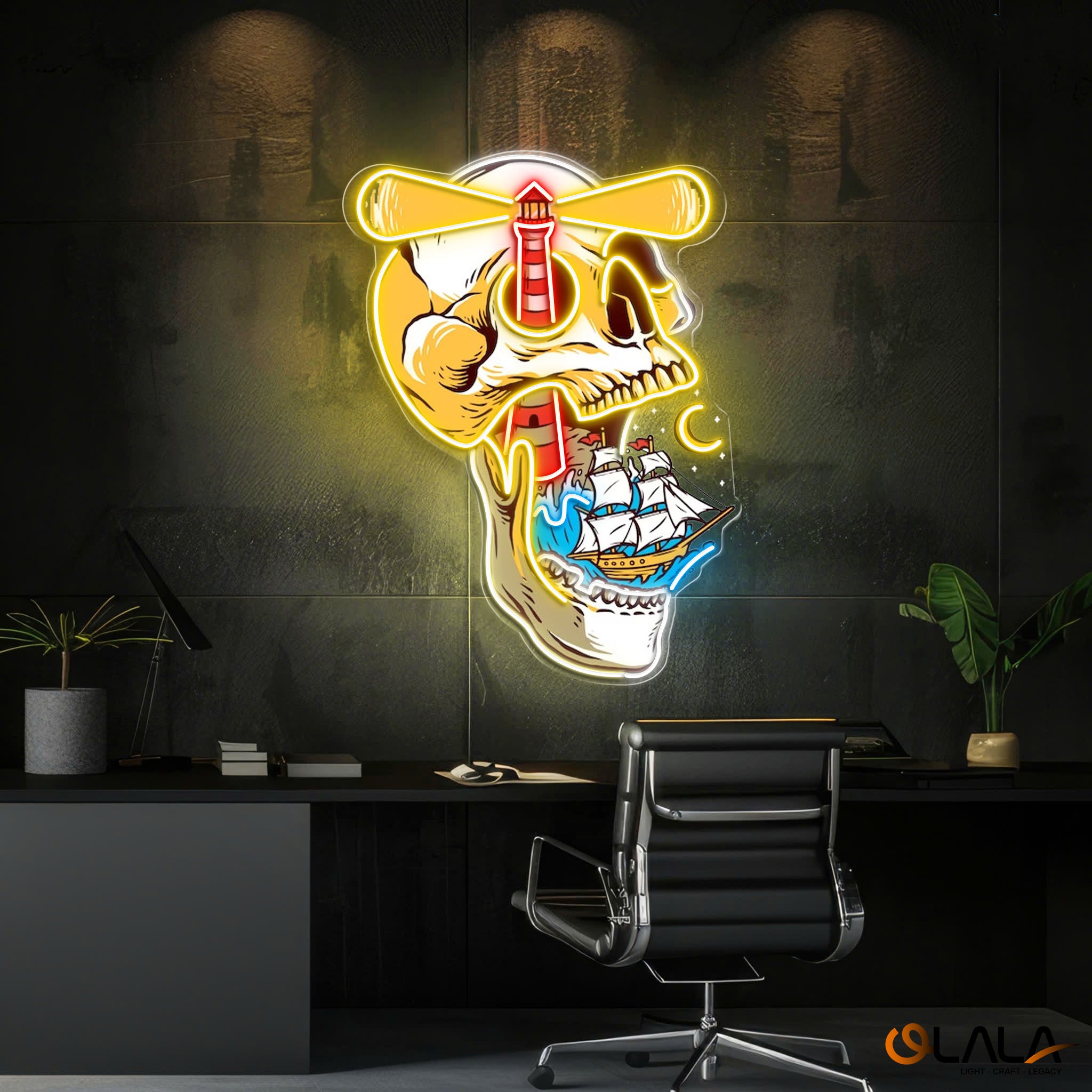 Ghost Ship's Beacon Skull, Lighthouse & Ship Neon Light Artwork