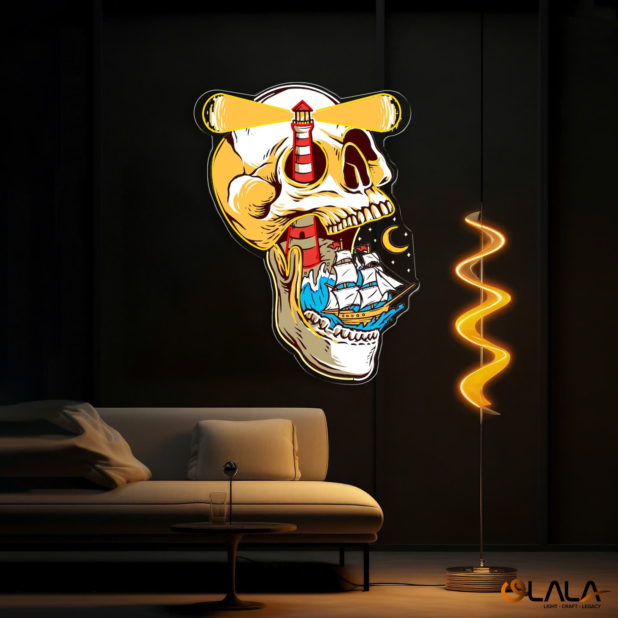 Ghost Ship's Beacon Skull, Lighthouse & Ship Neon Light Artwork